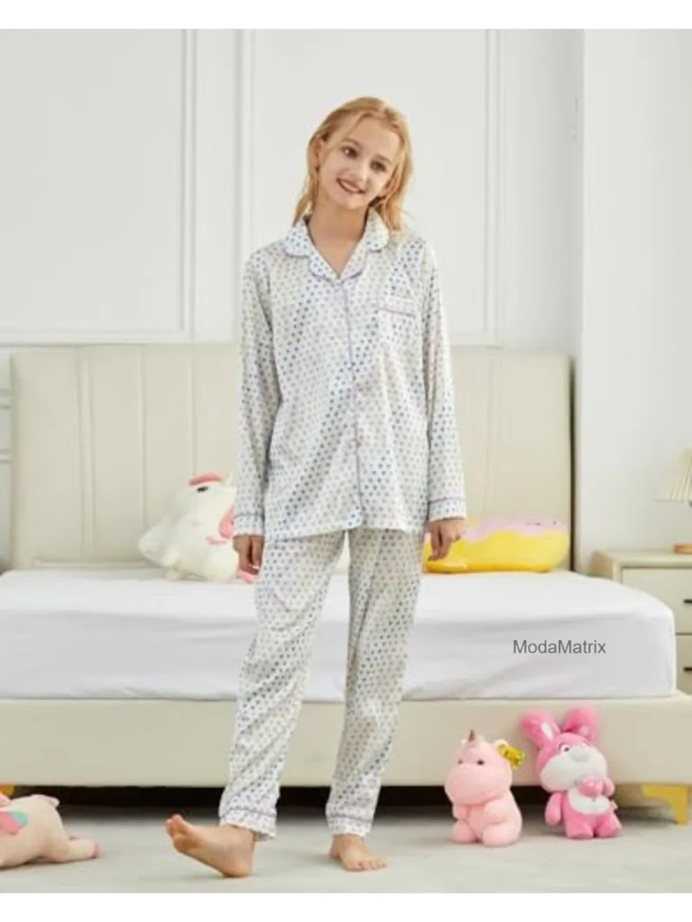 Girls Silk Satin Pajama Set Long Sleeve Button Down PJs 2 Piece Sleepwear